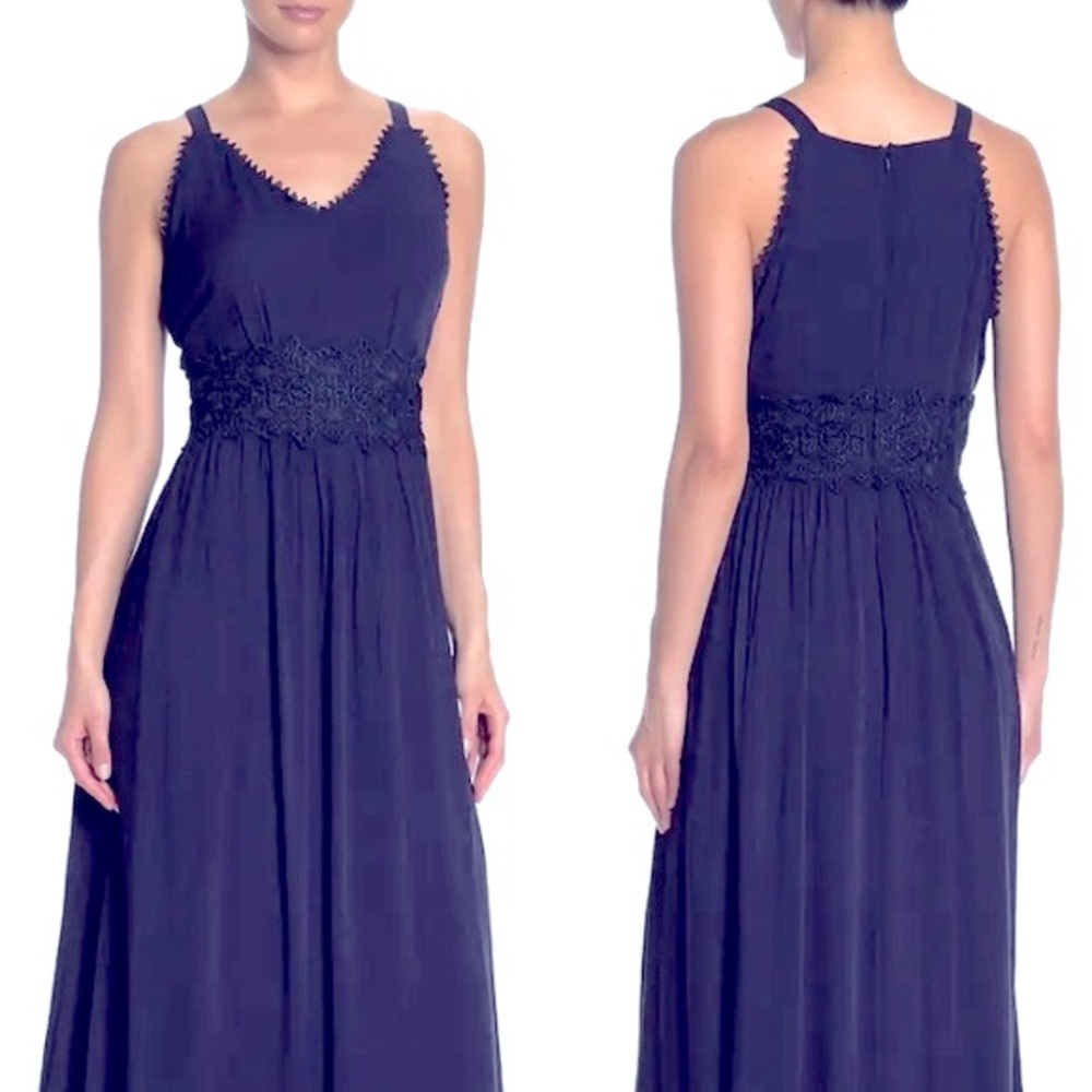 LACE TRIM EMPIRE WAIST V-NECK  SLEEVELESS MAXI DRESS